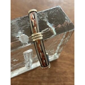 Artisan Mixed Metal Braided Leather Cuff Bracelet Tri-Tone Copper Silver Gold